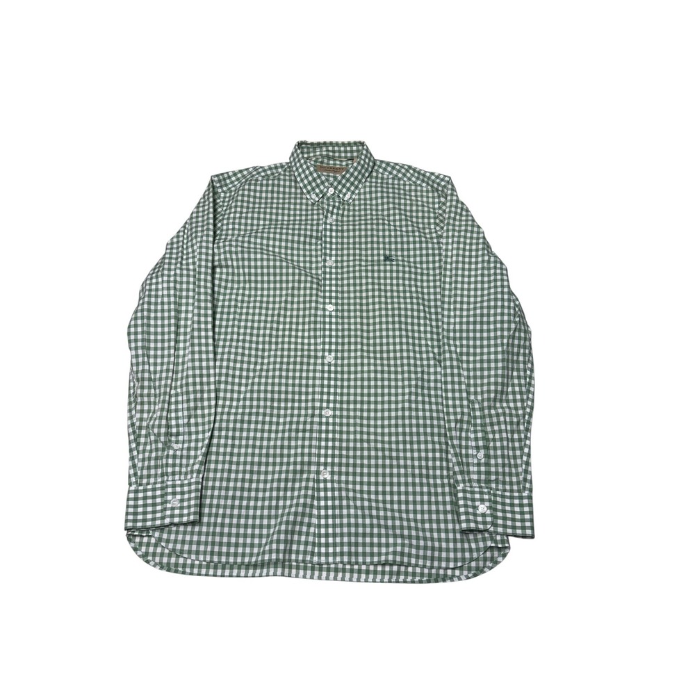 Burberry London England Mens Green Gingham Button Down Shirt L Equestrian Logo